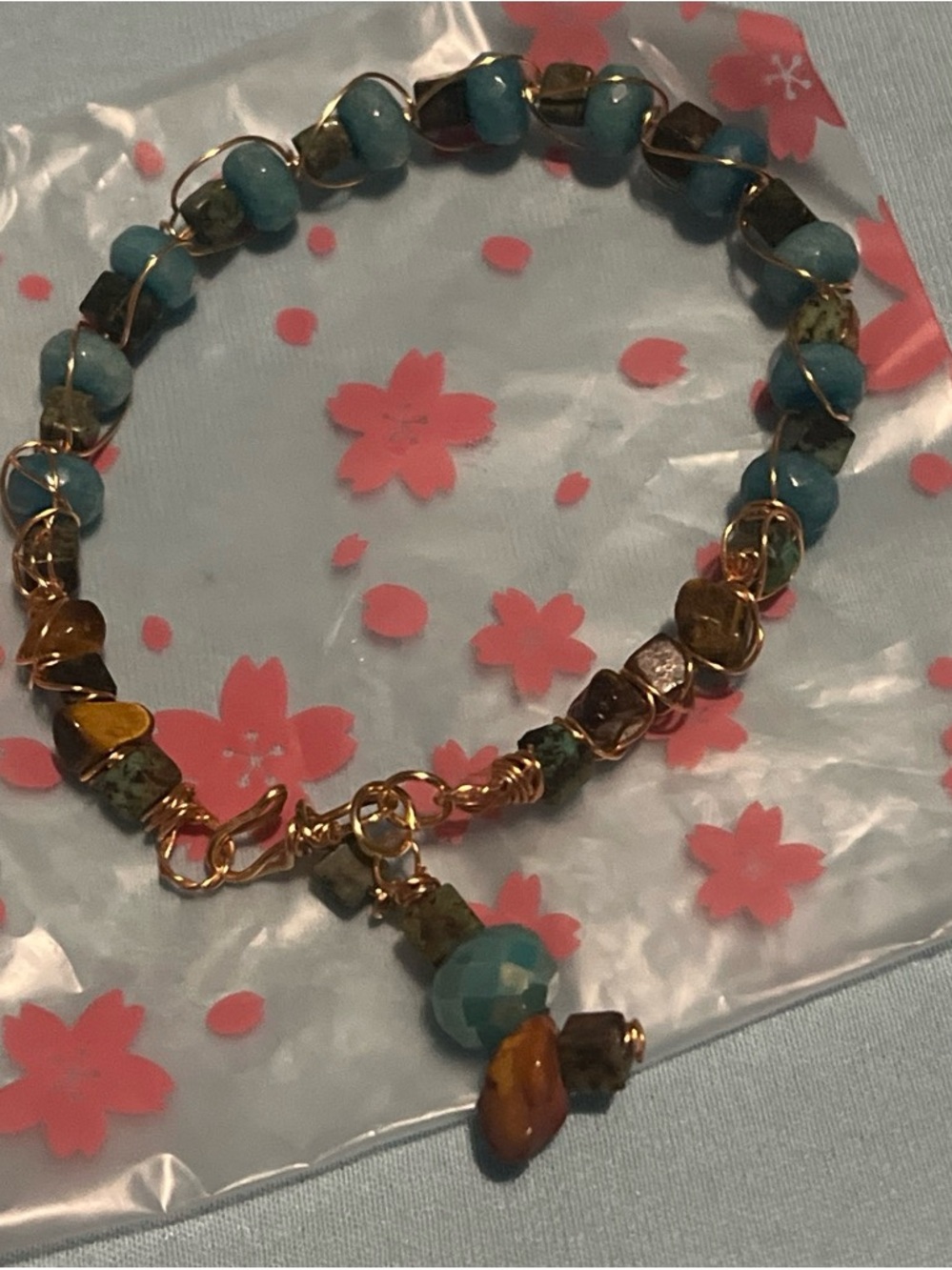 Gold Wire-Wrapped Turquoise & Amber Beaded Bracelet